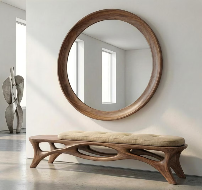 Organic Modern Round Walnut Wall Mirror (BF006)