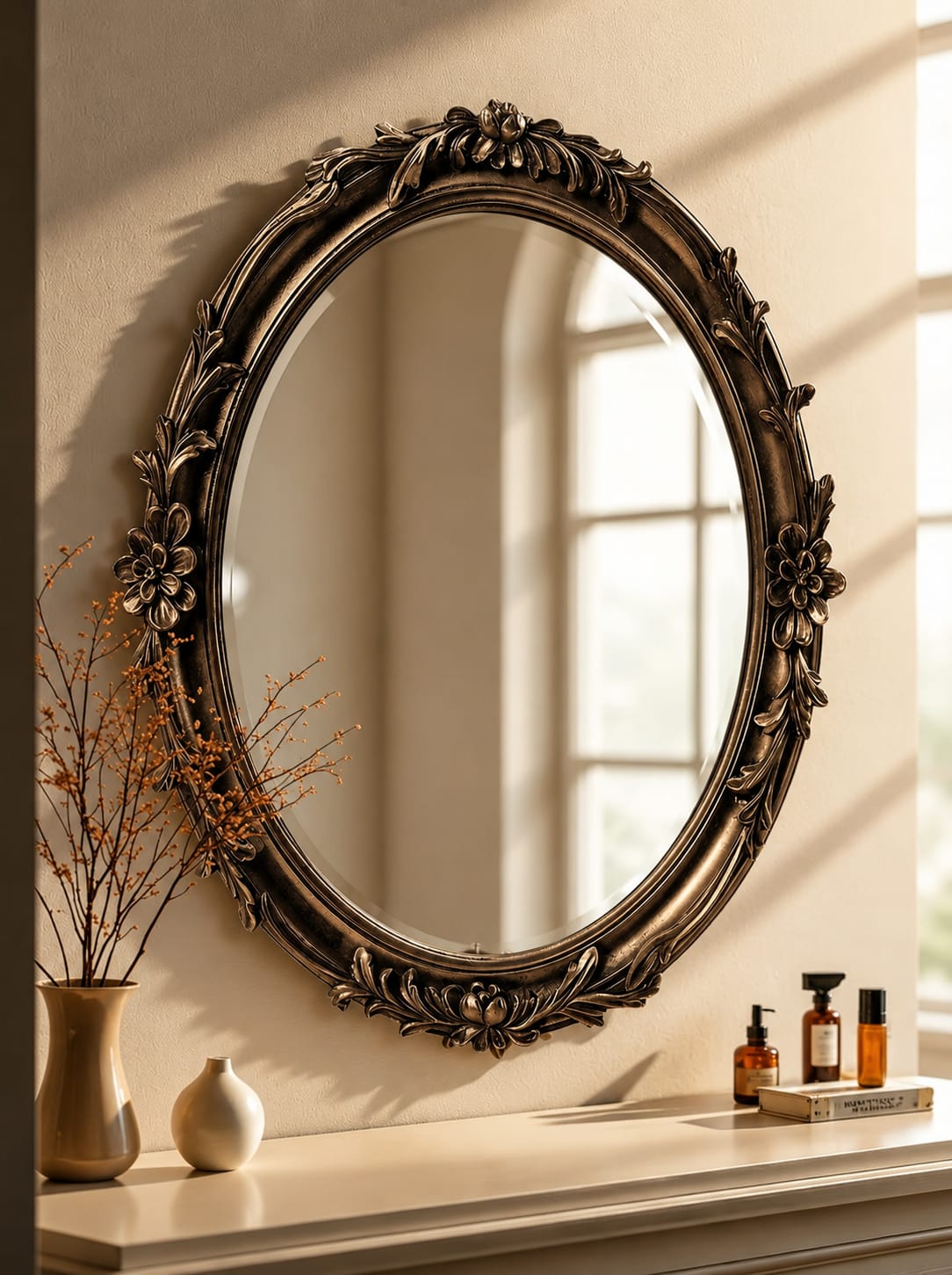Roselle Vintage Oval Mirror – Ornate Antique Gold Wall Frame (BM001)