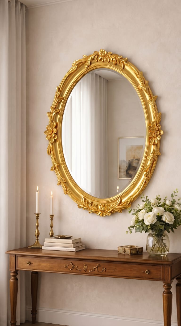 Roselle Vintage Oval Mirror – Ornate Antique Gold Wall Frame (BM001)